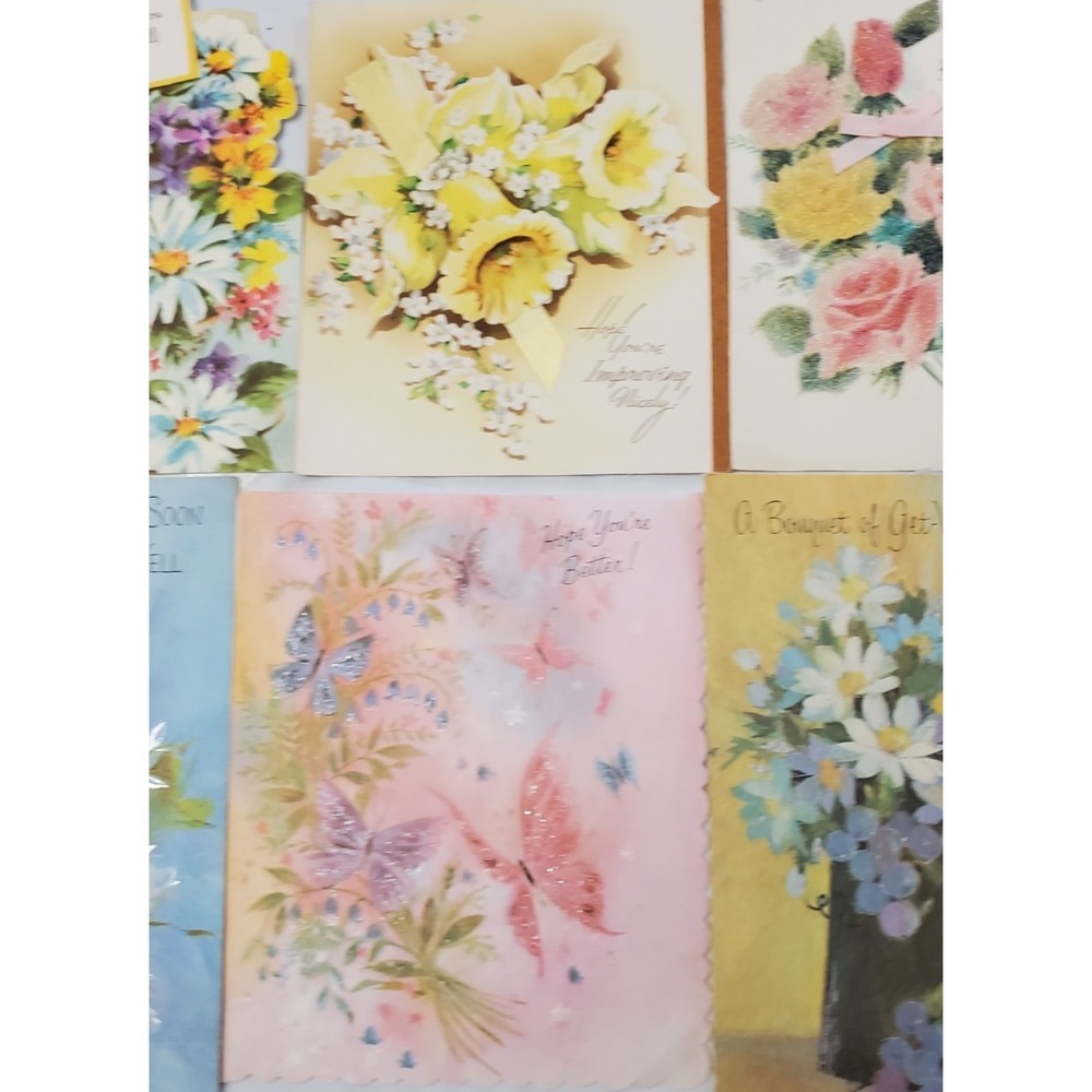 6 Old Vintage Used Get Well Greeting‎ Card Fronts Crafts Flowers Clock Bluebird
